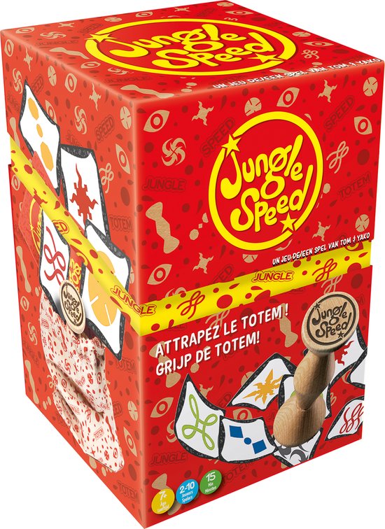 Doos van het spel Jungle Speed met rode achtergrond, gele sterren en opdruk 'ATTRAPEZ LE TOTEM! GRIJP DE TOTEM!'.