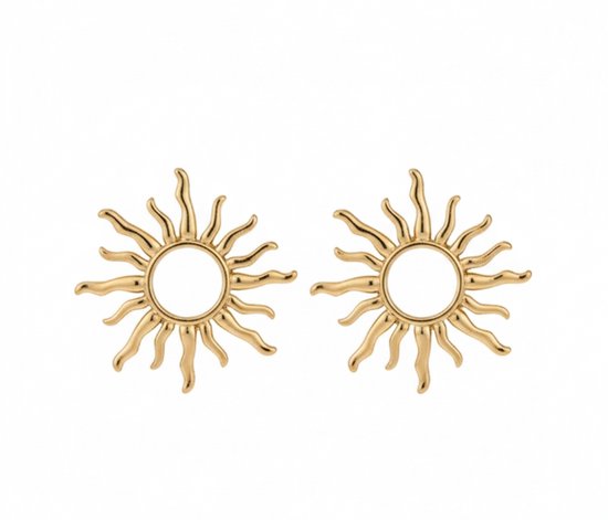 Boucles d'oreilles dorées pour femmes – boucles d'oreilles à clous avec motif soleil – boucles d'oreilles rondes avec motif rayonnant