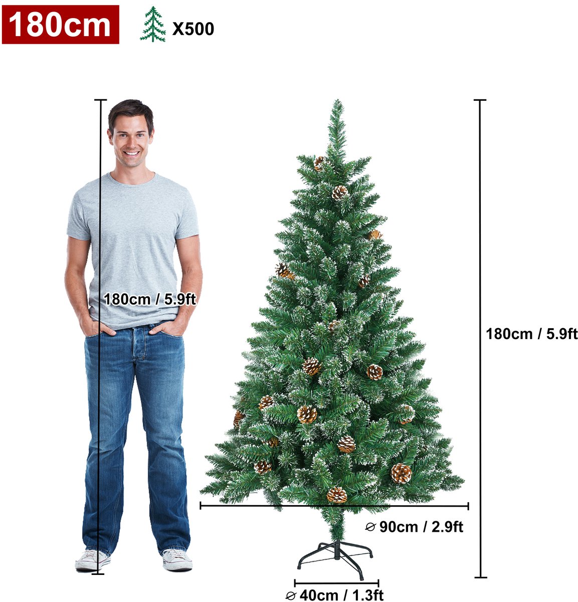 180CM Kunstkerstboom, Dennenboom, Kunstboom Wit & Groen met Sneeuweffect + Dennenappels, PVC Kerstboom inclusief Standaard – foto 2