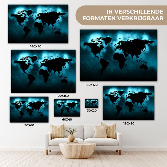 Peintures Toile Wereldkaart - Zwart - Blauw - 150x100 cm - Décoration murale