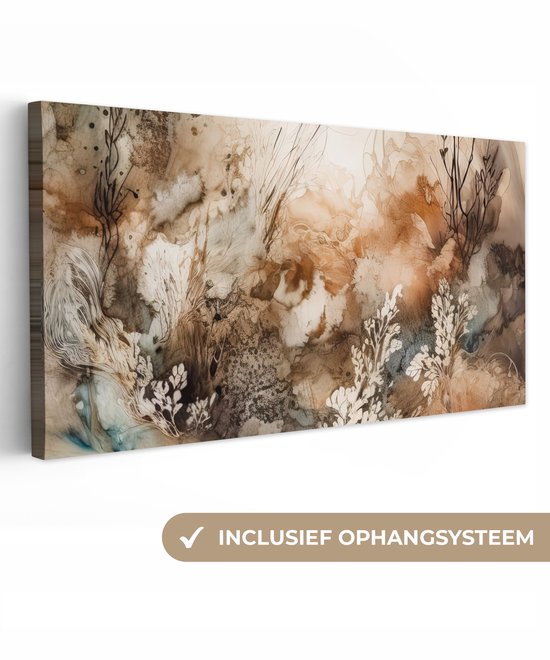 Abstract schilderij met bruine en witte tinten, met weergave van planten en takken. Inclusief ophangsysteem.
