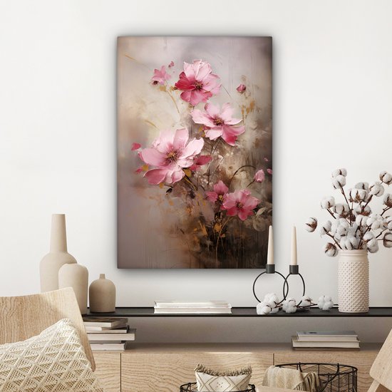Abstract schilderij met roze bloemen op een taupe achtergrond.