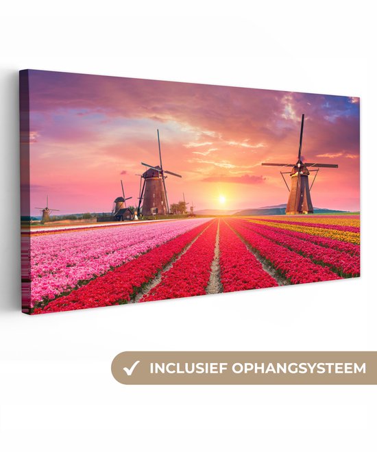 Canvas Schilderij 160x80 cm - Bloemen - Tulpen - Bloemenveld - Molens - Holland - Wanddecoratie woonkamer - Muurdecoratie keuken - Slaapkamer decoratie - Schilderijen - Woonaccessoires