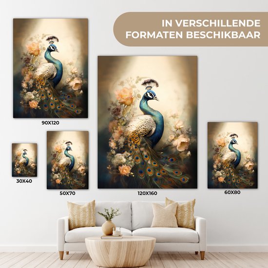Tableau sur toile Paon - Plumes de paon - Fleurs - Vogels - Botanique - 60x80 cm - Décoration murale