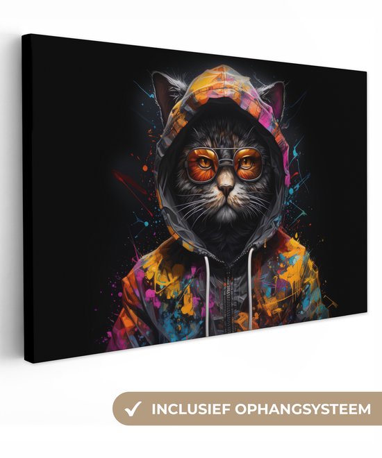 Canvas schilderij 120x80 cm - Wanddecoratie Kat - Jas - Graffiti - Bril - Zwart - Muurdecoratie woonkamer - Slaapkamer decoratie - Kamer accessoires - Schilderijen op canvas