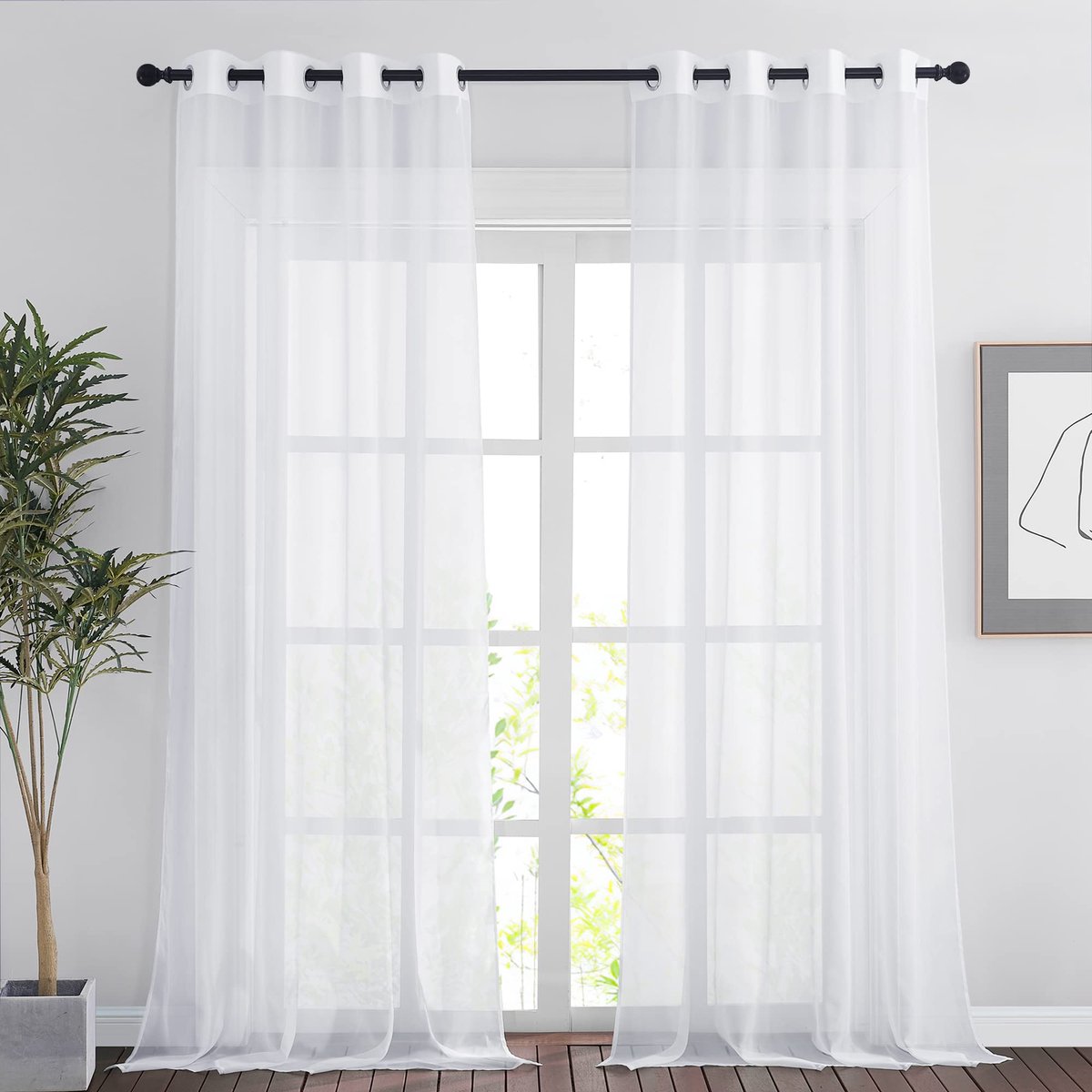 Ibenzoa Set van twee elegante transparante gordijnen met metalen ogen voor woondecoratie Wit