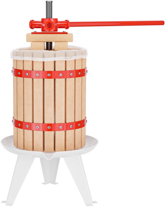 Houten fruitpers met rode moeren en hendel, inclusief een wit persdoek en witte voet.