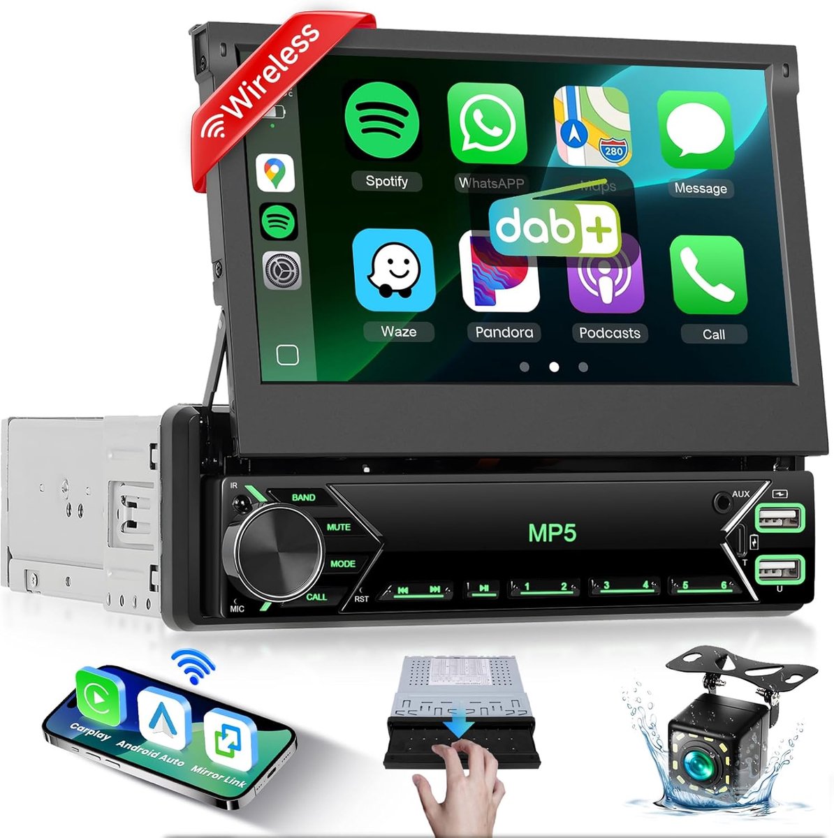7 inch Autoradio 1 DIN met Draadloze DAB, CarPlay, Android Auto en Bluetooth