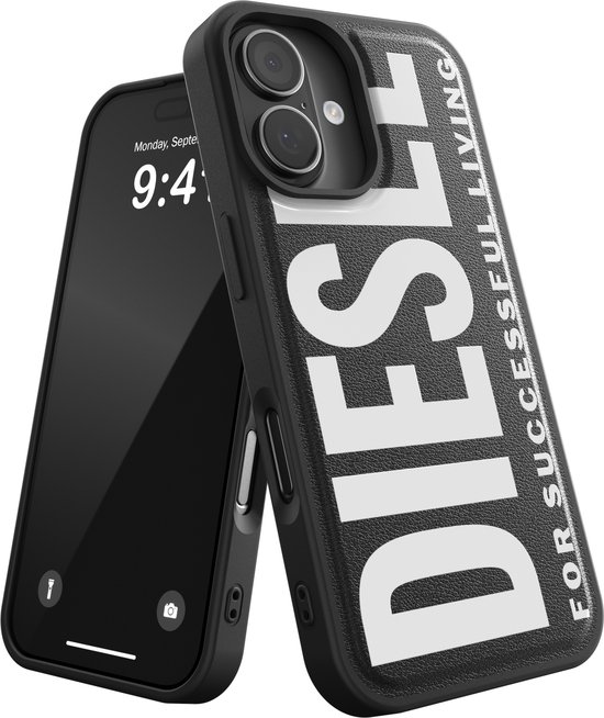 Coque Diesel iPhone 17 – Zwart avec grand logo blanc – Protection contre les chutes jusqu'à 2 mètres – Chargement MagSafe (sans fil) – Compatible avec les accessoires MagSafe – Antichoc – Coque arrière – Accessoire Diesel d'origine