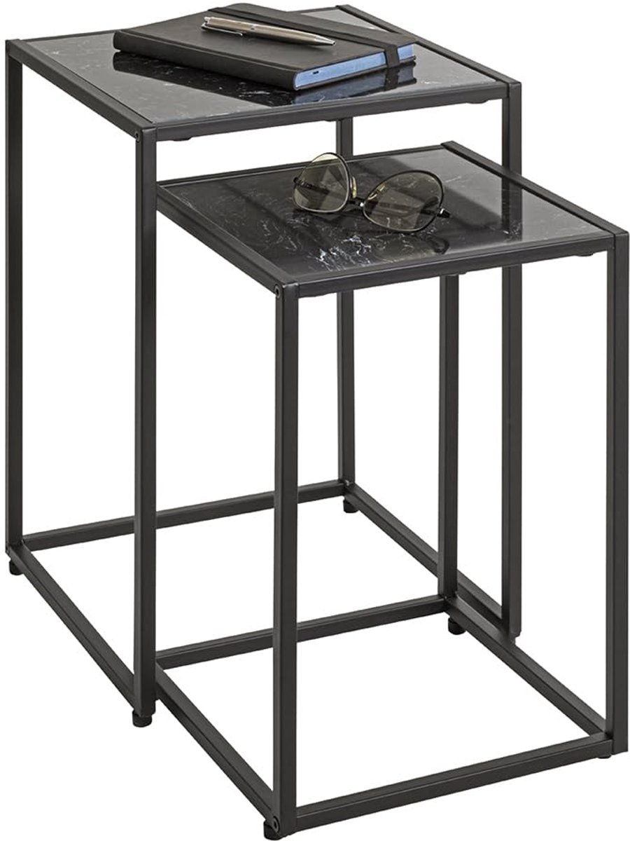 Azomor® Elegant set van twee bijzettafels met zwart marmeren uitstraling