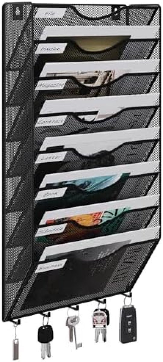 PromoHome Wandmontage Documentenorganizer - 8 Laags Metaal Opbergsysteem met Haken Zwart-8