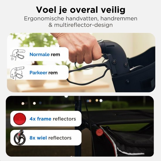 Detail van Medzone rollator handremmen, normale en parkeerrem, plus 4 frame en 8 wiel reflectoren.