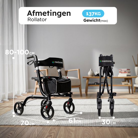 Zwarte Medzone rollator met afmetingen 70cm breed, 80-100cm hoog, 61cm diep en opgevouwen 30cm diep.