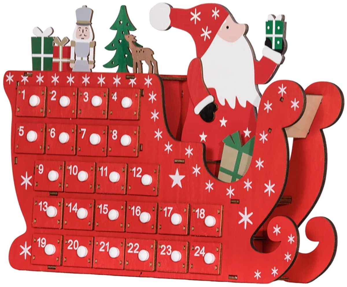 Adventskalender Kerstman met Slee - Adventskalenderbox - met 24 Lades te Vullen - Kerstdecoratie - Herbruikbaar - Voor Jongens en Meisjes - Countdown Kalender - Het Perfecte Kerstcadeau - Rood