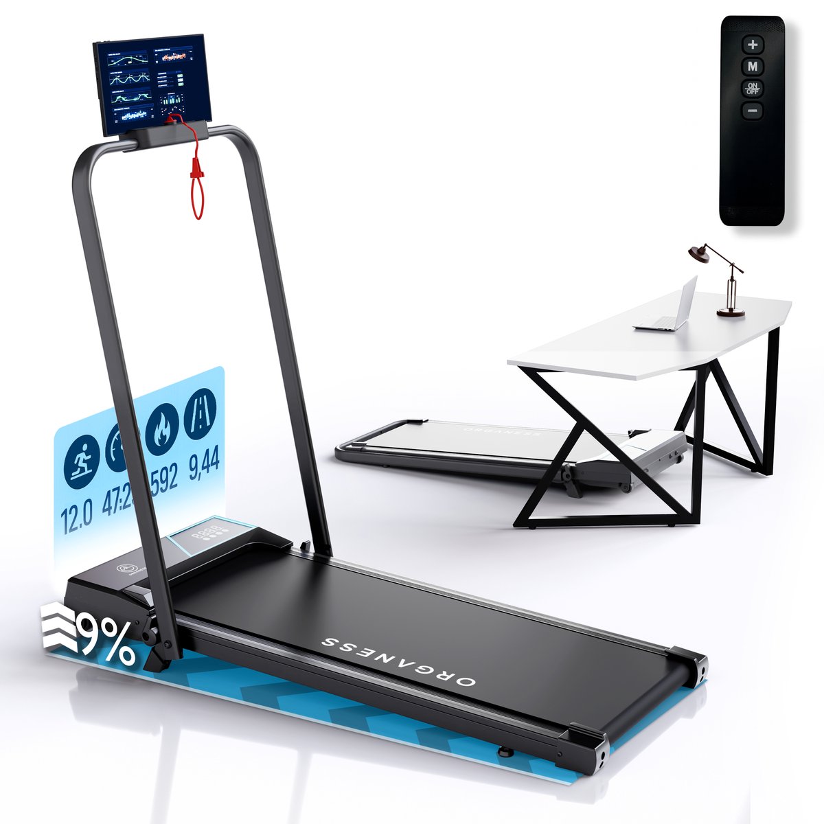 Organess Laufband 1-12km/h – Walking Pad – Laufband klappbar – Gehband – Mit Neigungsfunktion – Inkl. Tablethalter, Fernbedienung und App