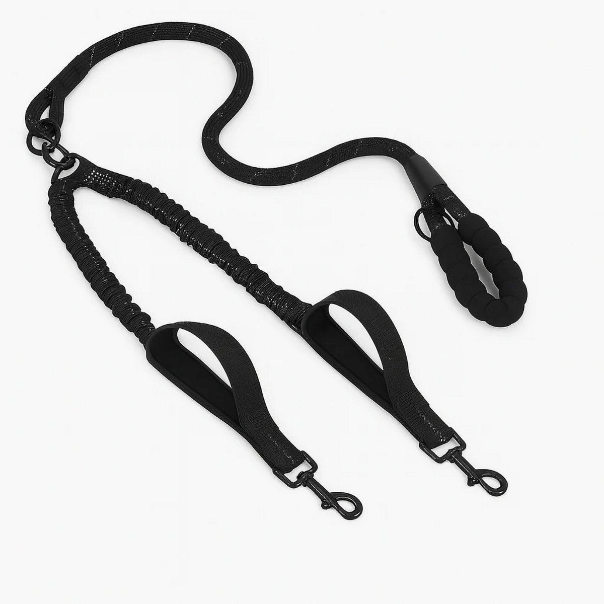 Adore Maison Anti-Knoop Hondenlijn voor 2 Honden – Elastisch – Comfort Handvat – Reflecterende Stiksels - Zwart