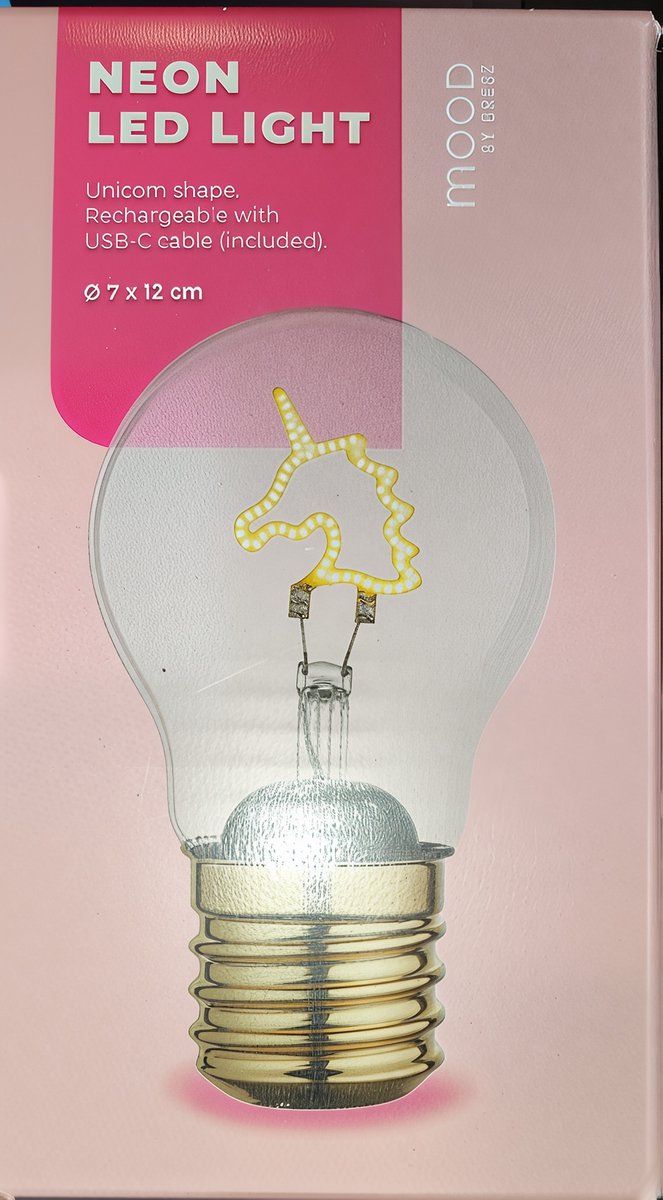 Mood BY DRESZ – Oplaadbare LED Filament Lamp | Unicorn LED Neon Lamp – Decoratieve Tafellamp – USB-C Oplaadbaar | ( Let op! Decoratie lamp ) Unicorn Led lamp⌀ 7x12CM