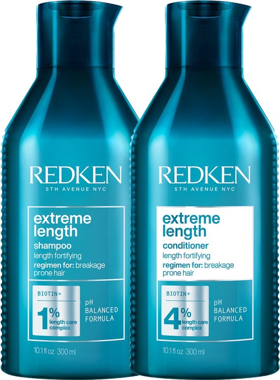 Deux bouteilles turquoise Redken Extreme Length, un shampooing et un après-shampooing, avec du texte blanc.