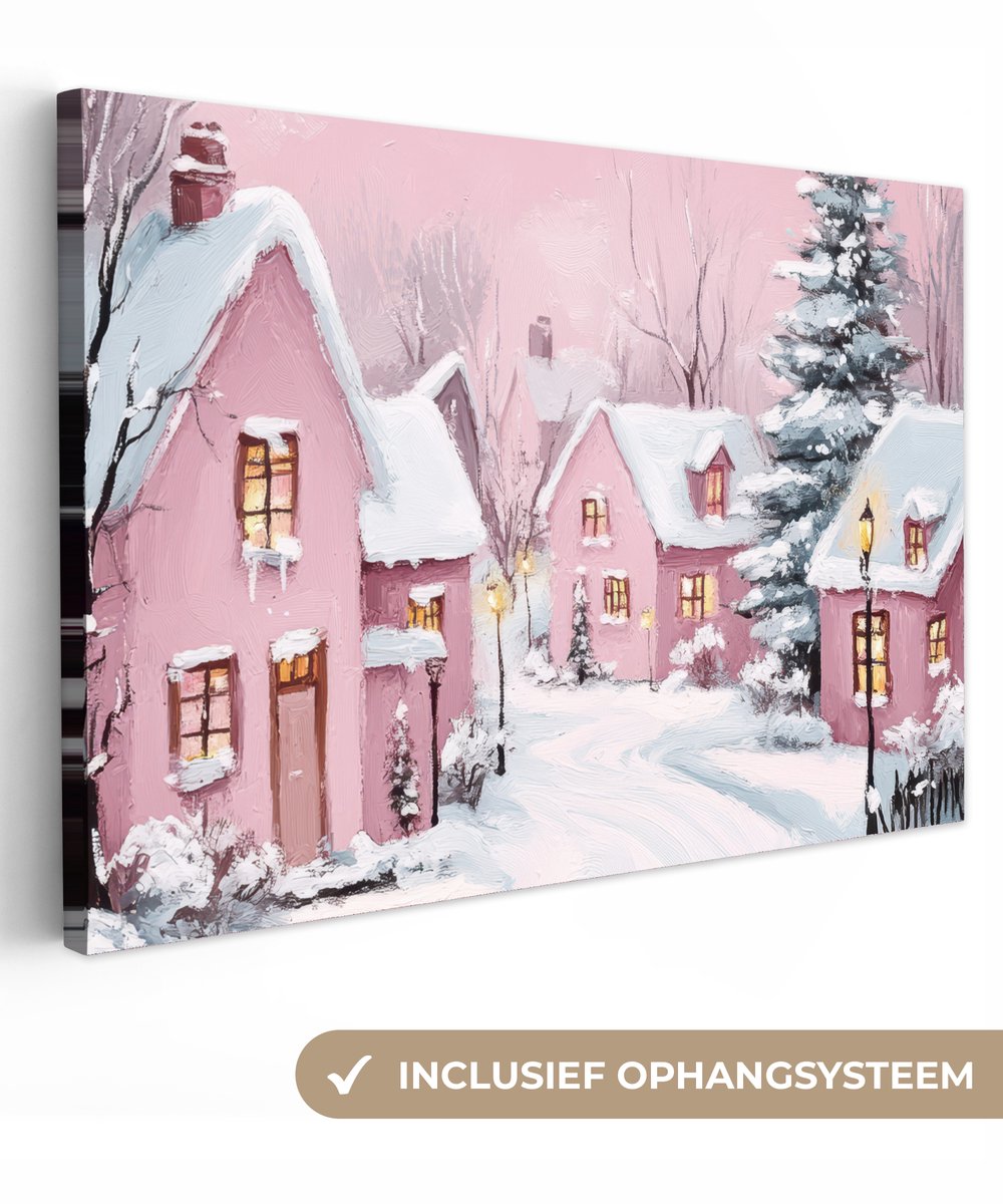 Canvas schilderij 30x20 cm - Wanddecoratie Kerstdorp - Roze - Winter - Sneeuw - Huizen - Muurdecoratie woonkamer - Slaapkamer decoratie - Kamer accessoires - Schilderijen op canvas - Kerstdecoratie voor binnen - Kerstversiering - Kerstmis versiering