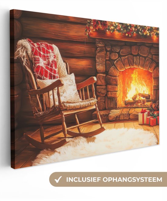 Canvas schilderij 80x60 cm - Wanddecoratie Winter - Kerst - Huis - Openhaard - Muurdecoratie woonkamer - Slaapkamer decoratie - Kamer accessoires - Schilderijen op canvas - Kerstdecoratie voor binnen - Kerstversiering - Kerstmis versiering