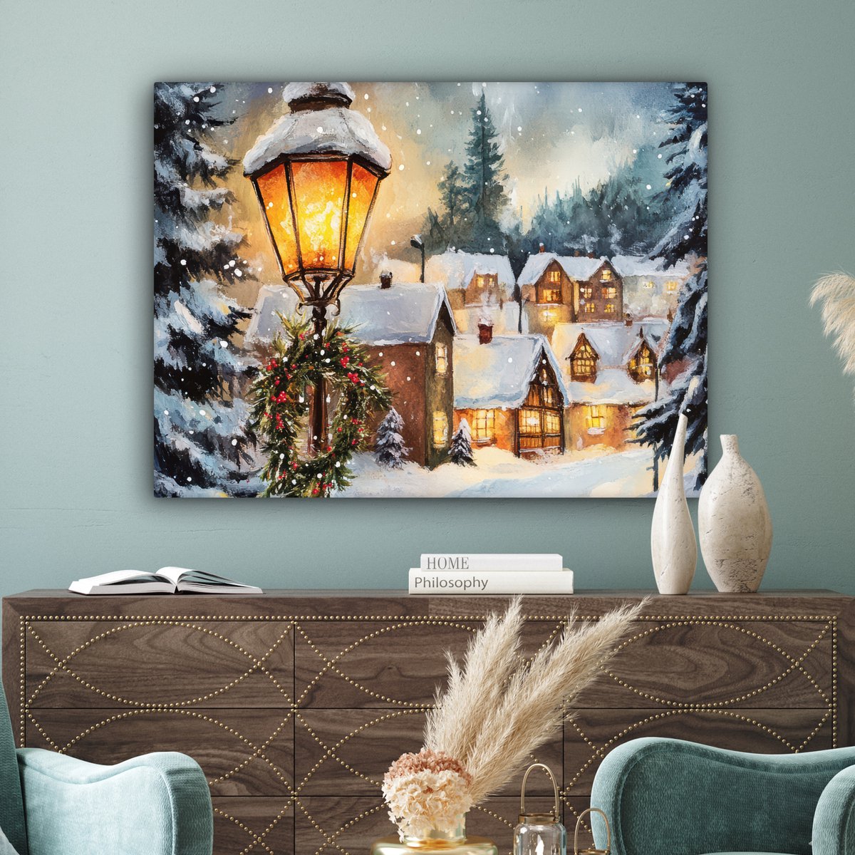 Canvas schilderij 120x90 cm - Wanddecoratie Kerstdorp - Huizen - Sneeuw - Kerst - Muurdecoratie woonkamer - Slaapkamer decoratie - Kamer accessoires - Schilderijen op canvas - Kerstdecoratie voor binnen - Kerstversiering - Kerstmis versiering – foto 3