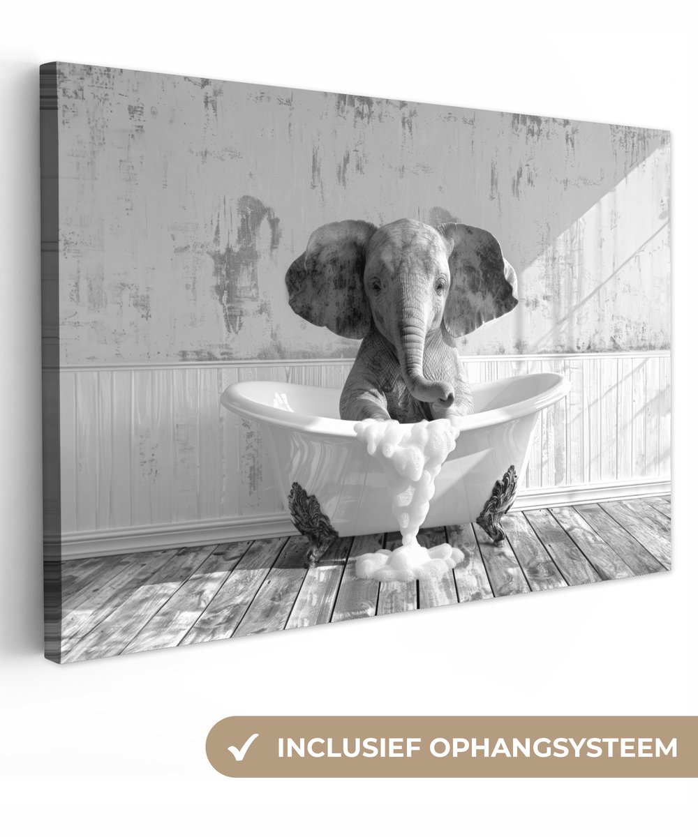 Canvas schilderij 140x90 cm - Wanddecoratie badkamer Olifant - Vintage - Dieren - Zwart -