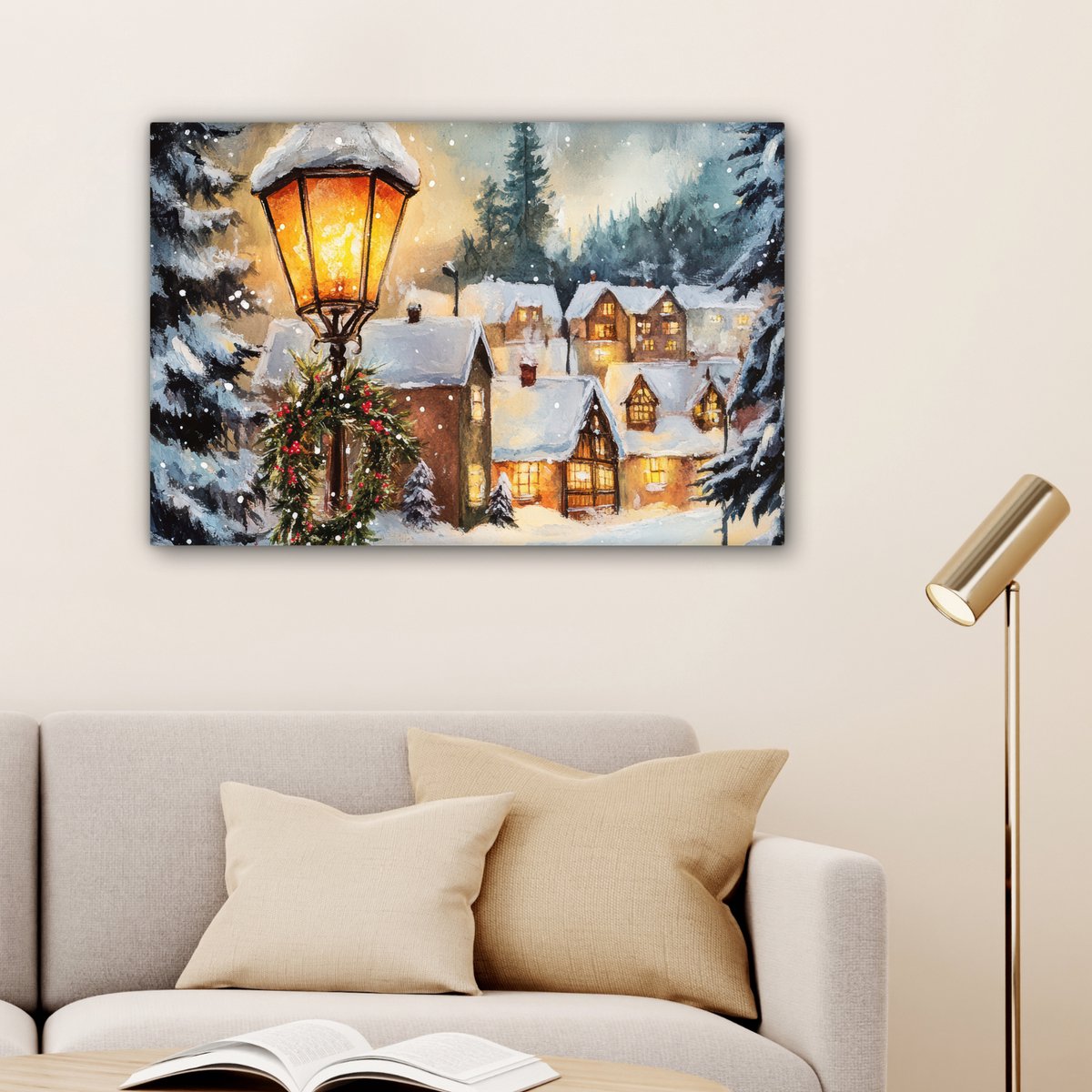 Canvas schilderij 90x60 cm - Wanddecoratie Kerstdorp - Huizen - Sneeuw - Kerst - Muurdecoratie woonkamer - Slaapkamer decoratie - Kamer accessoires - Schilderijen op canvas - Kerstdecoratie voor binnen - Kerstversiering - Kerstmis versiering – foto 2