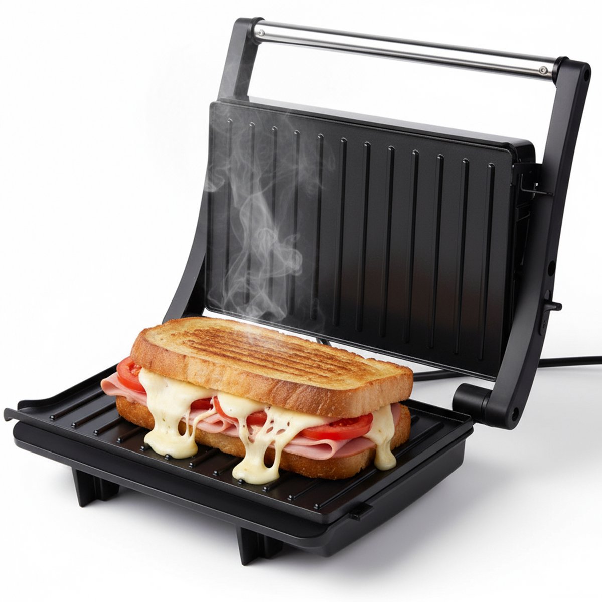 CasaCucina Contactgrill - Panini grill – 1000W - Tosti apparaat - RVS - 23x14.5cm - PFAS vrij – Tafelgrill - Zwart