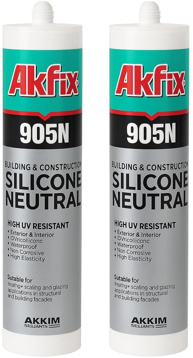 AKFIX 905N x 2 Stuks ,Neutrale siliconenkit transparant – UV-bestendig, schimmelwerend, waterdicht – afdichtmiddel voor badkamer, keuken, ramen en bouwtoepassingen – 310 ml
