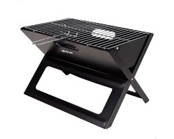 Draagbare inklapbare grill staalkolen zwart rechthoekig draaggreep 45x29x30cm eenvoudig monteren transporteren barbecue camping terras.