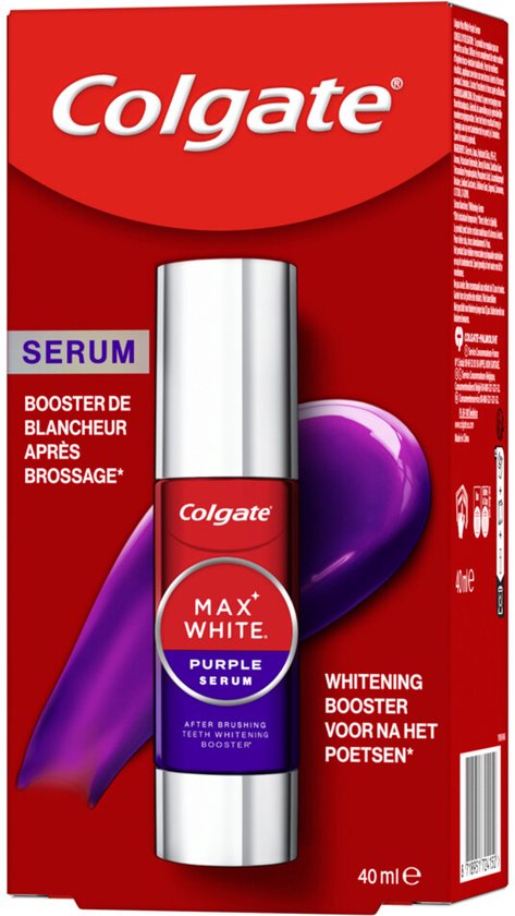 Colgate Max White Purple Serum: flacon met paarse druppel op rode achtergrond. Tekst: SERUM BOOSTER DE BLANCHEUR APRÈS BROSSAGE.
