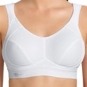 Witte sportbeha met v-hals, naden voor ondersteuning en logo op de band.