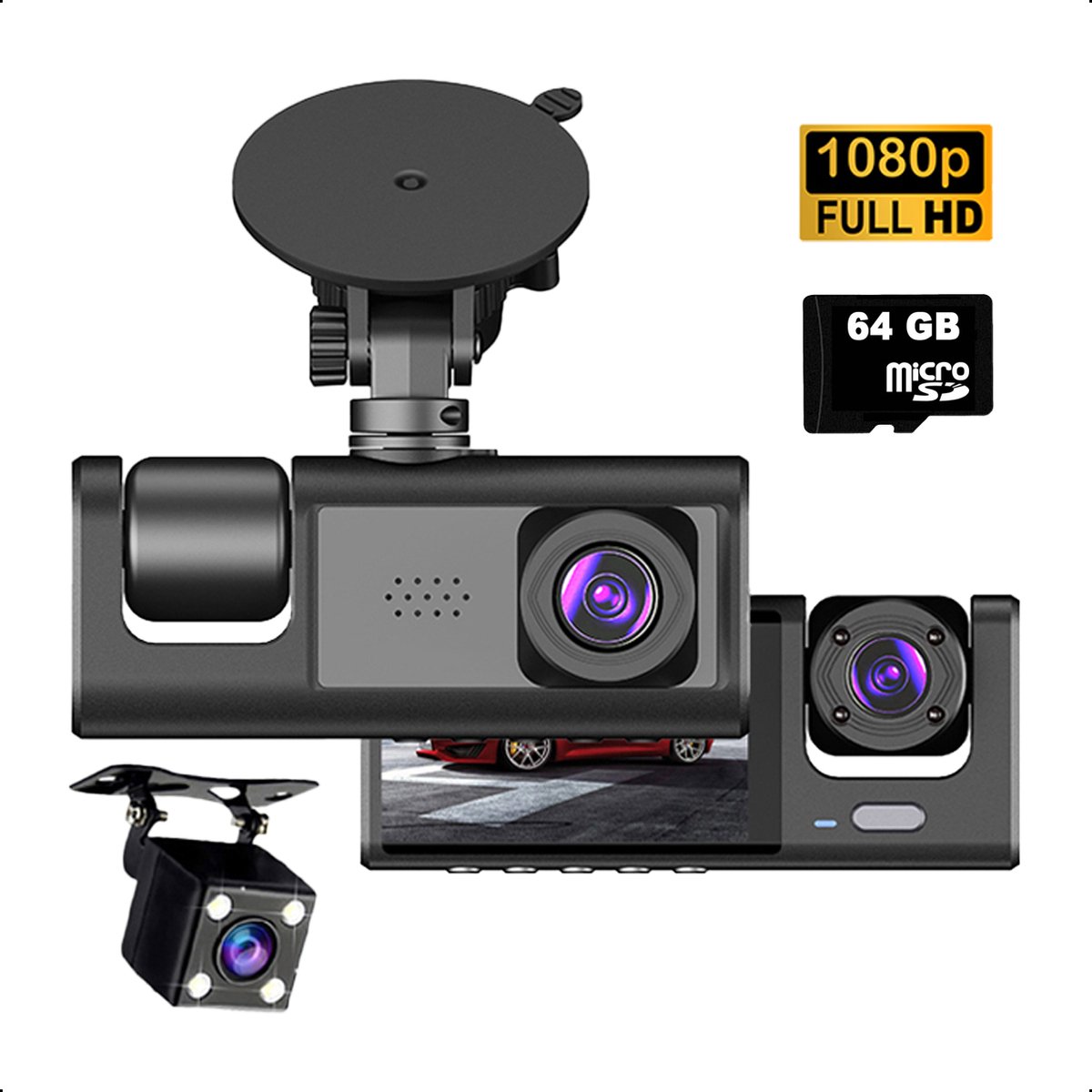 Tech Essentials S1 Dashcam - 720P - SD Kaart 64GB - Met Achteruitrijcamera - USB-C - Voor Auto Camera - Voor En Achter - Nachtzicht