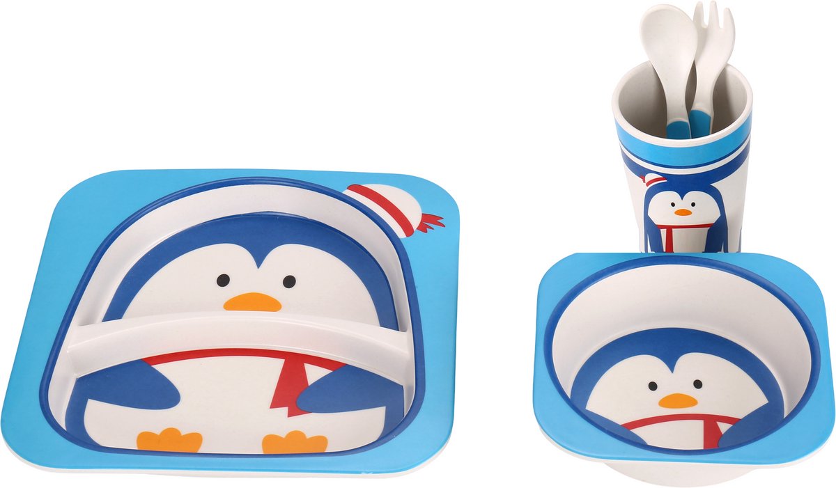 Cheffinger Kinderservies - Pinguïn - Bamboe - 5-delig - Blauw - Baby Servies - Kinderbestek