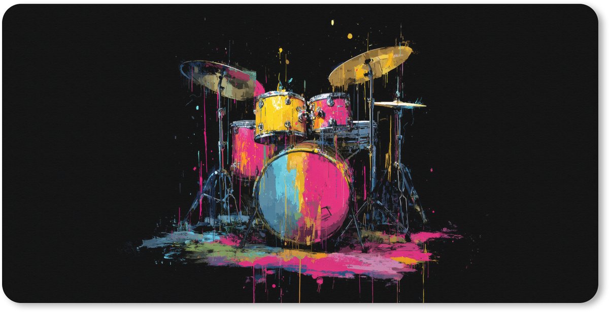 Muismat XXL 120x60 cm - Bureau onderlegger - Bureau mat Drumstel - Kleurrijk - Verf - Levendig - Bureaumat - Gaming mousepad xl - Bureaulegger groot - Computer deskmat