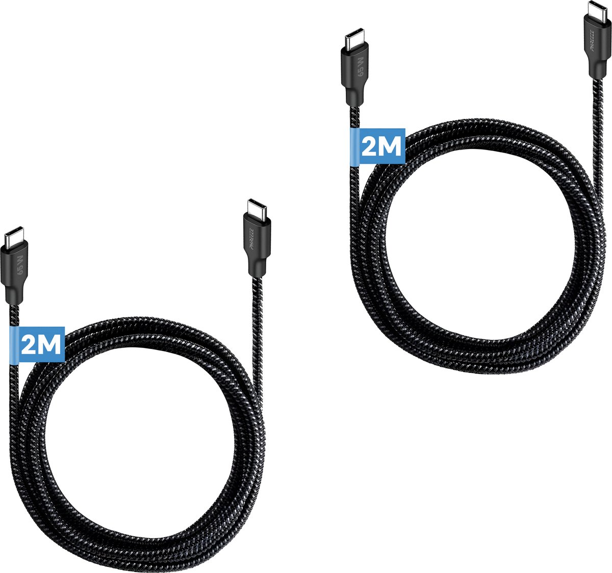 Usb C kabel 2m - Stevig nylon - 65W snelladen - 480Mbps data