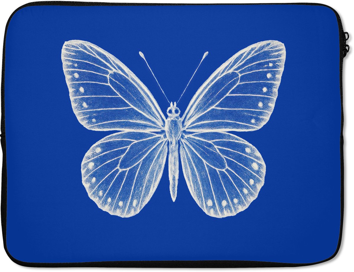Laptophoes 15.6 inch - Vlinder - Wit - Getekend - Stippen - Laptop sleeve - Binnenmaat 37x26 cm - Zwarte achterkant