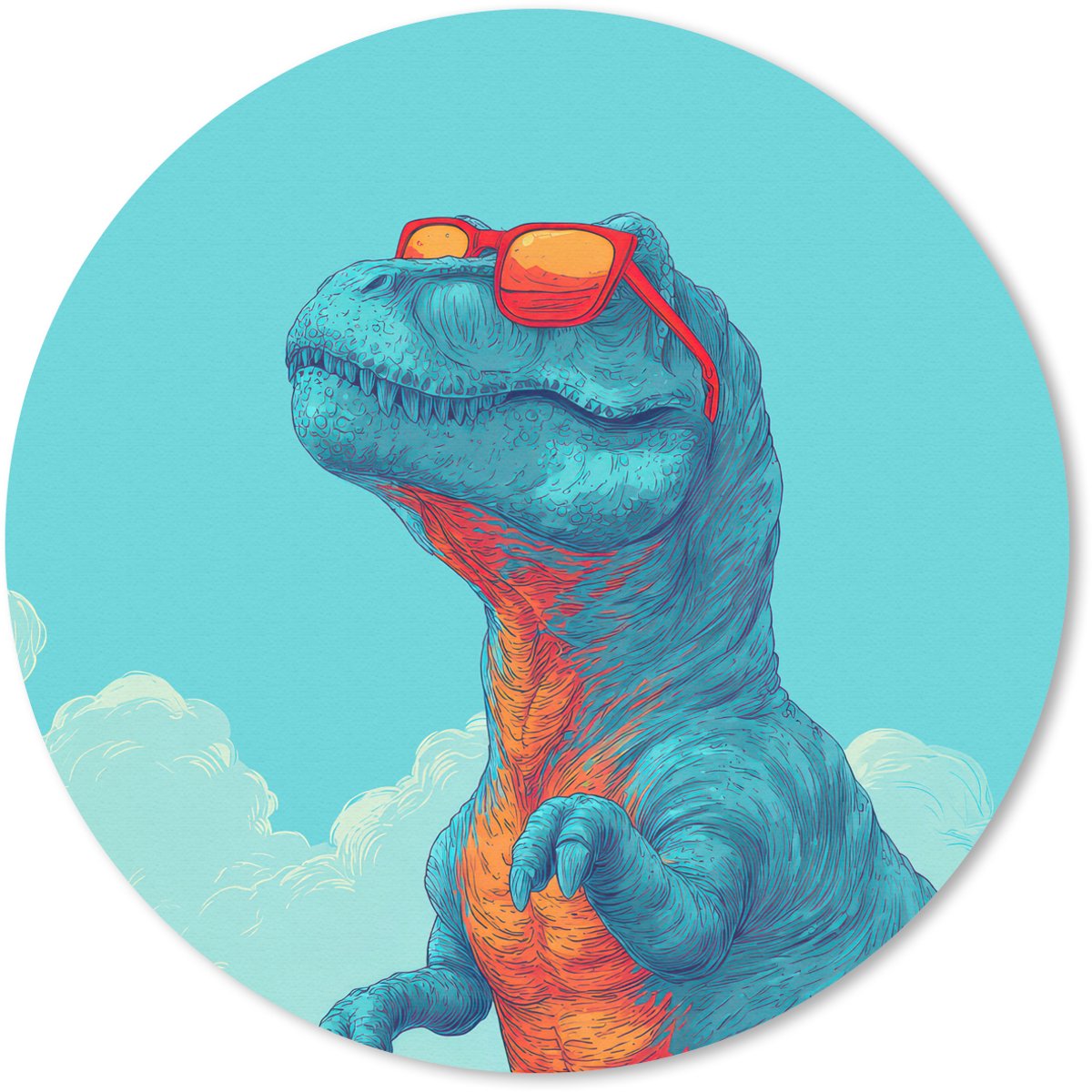Muismat rond 40x40 cm - Mousepad T-Rex - Blauw - Wolken - Zonnebril - Ronde muismatten