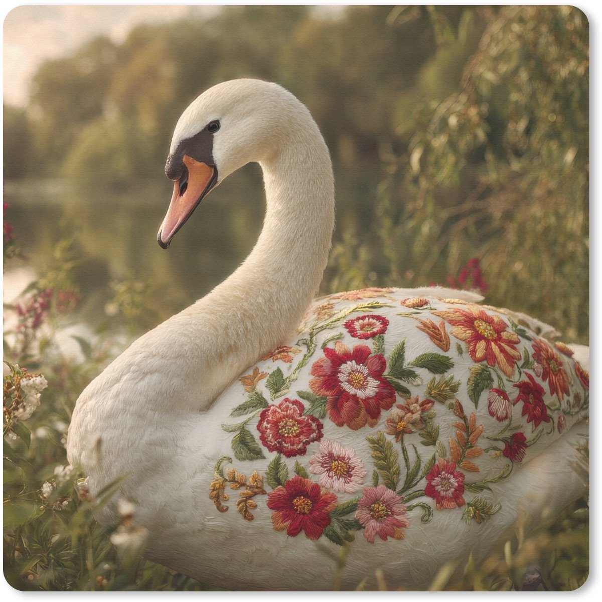 Muismat 30x30 cm - Mousepad Zwaan - Bloemen - Natuur - Muismatten
