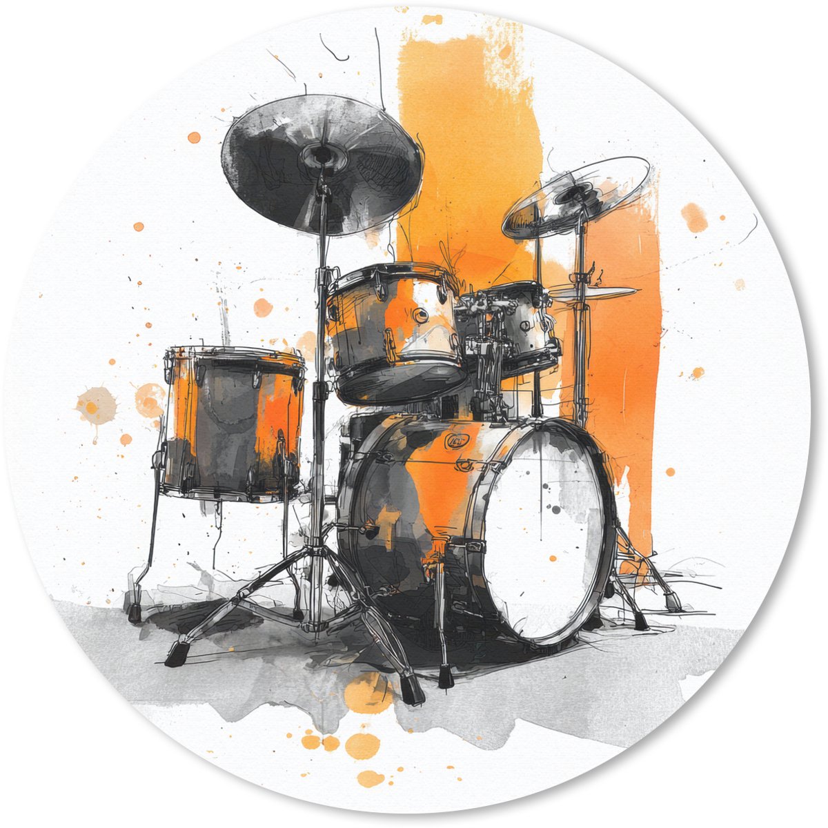 Muismat rond 50x50 cm - Mousepad Drumstel - Oranje - Zwart - Aquarelverf - Ronde muismatten
