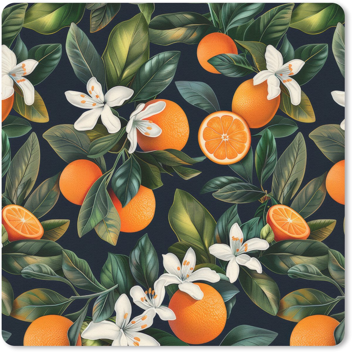 Muismat 30x30 cm - Mousepad Sinaasappels - Bloesems - Bladeren - Tropisch - Muismatten