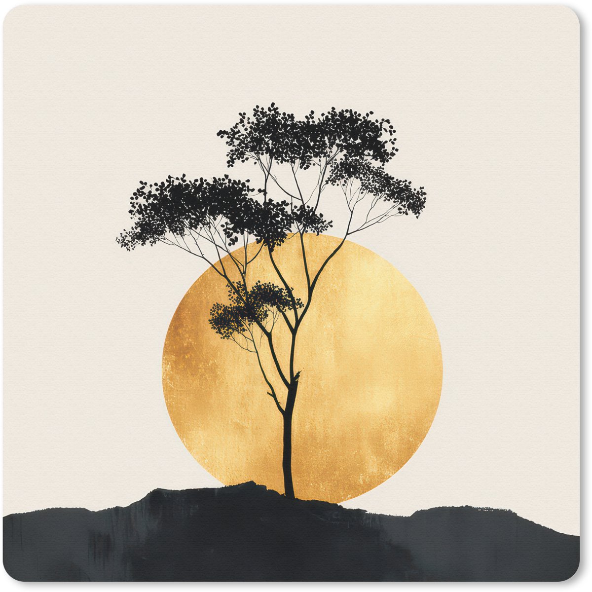 Muismat 30x30 cm - Mousepad Zwarte boom - Gouden cirkel - Heuvel - Muismatten