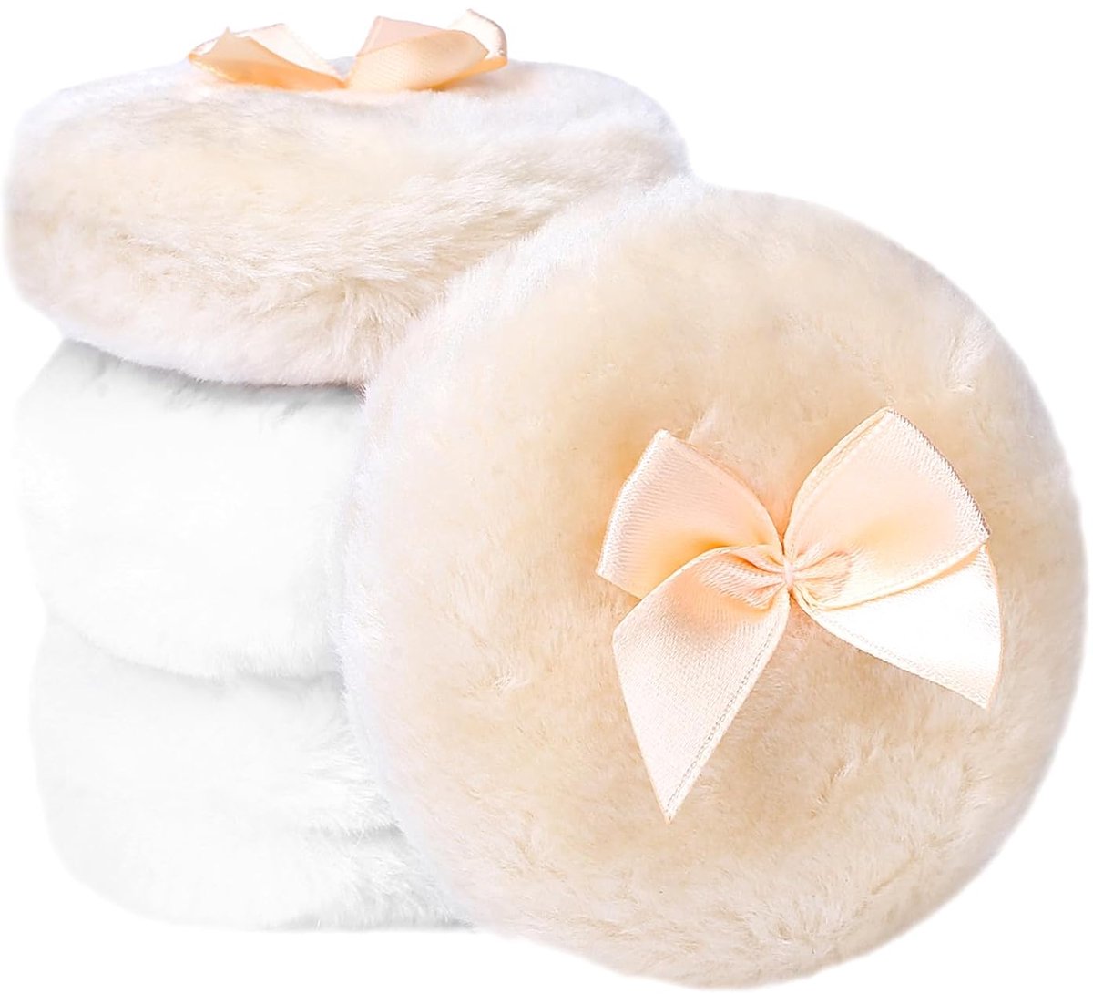 Ynkkvre - Set van 4 Grote Poederpuffs - Rond, Pluizig, 8 cm - Ultra Zacht, Wasbaar en Herbruikbaar - Voor Nat en Droog Poeder - Make-up Tool - 2 Beige en 2 Wit