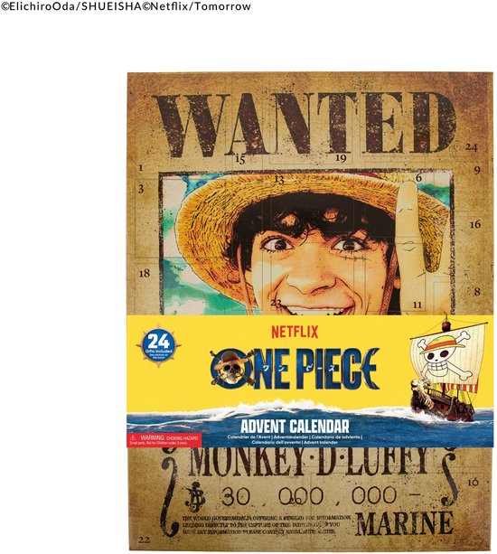 Adventskalender met 'Wanted' poster van Monkey D. Luffy, met Netflix One Piece logo.