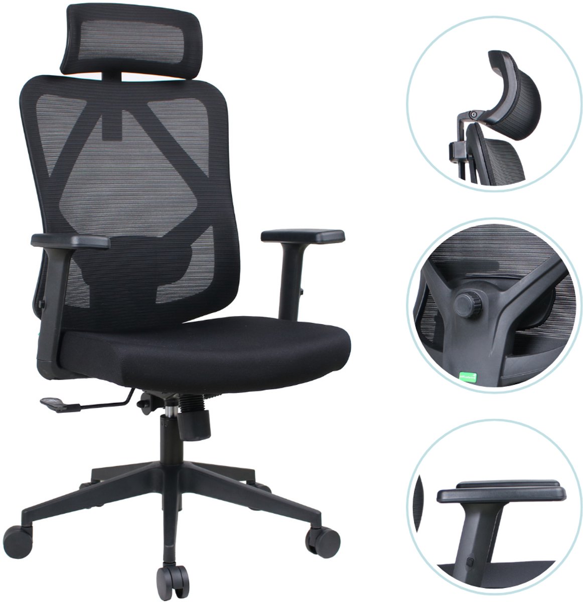 OfficeSense OS40 Ergonomische Bureaustoel - 2D Hoofdsteun - Bureaustoelen voor Volwassenen – Zwart