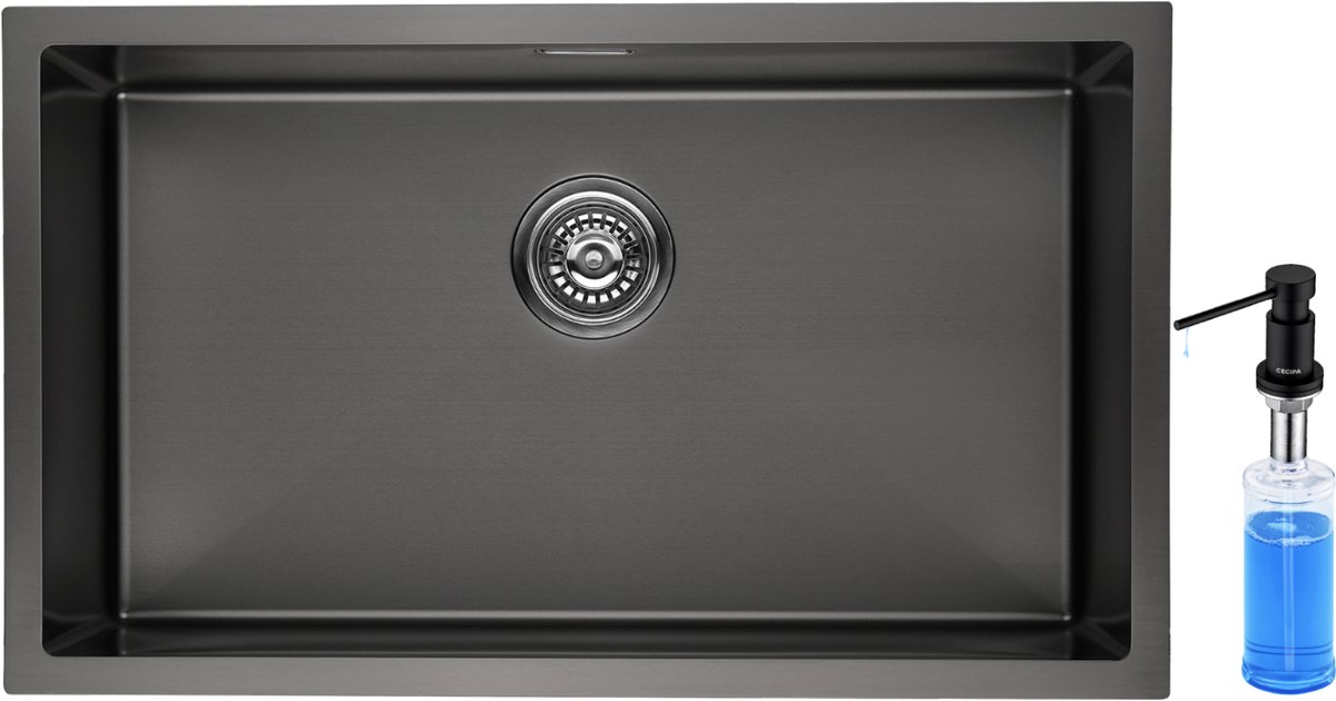 Lonheo Max Spoelbak 74x44cm - Spoelbak Met Zeepdispenser(300ML) - Spoelbak Keuken Antraciet - Enkele spoelbak - Geborstelde Wasbak Keuken - Spoelbak Met Sifon en Afvoerzeefje