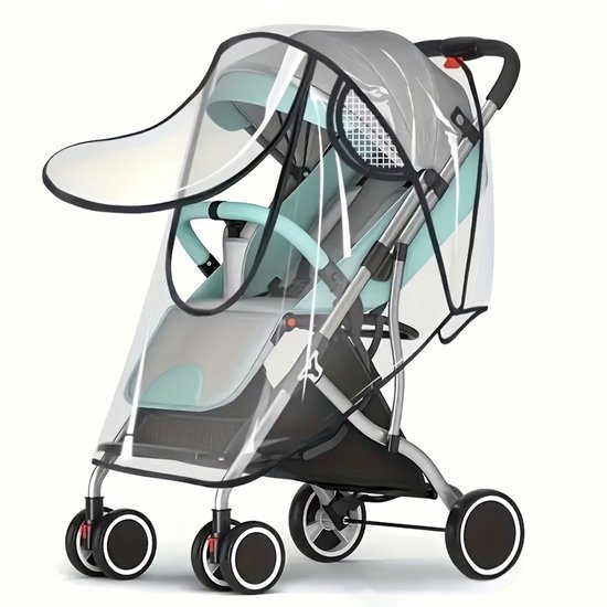 Housse de pluie transparente avec accents gris clair et menthe, avec accents noirs et roues sur une poussette.