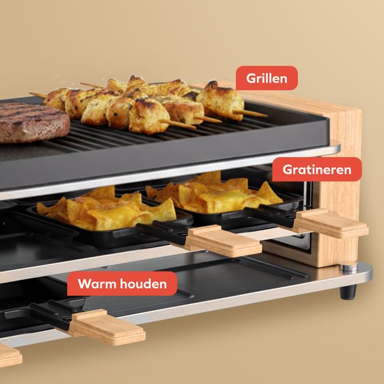 KitchenBrothers Gourmetstel - 950W - Gourmetplaat 8 Personen - BPA-vrij - Set met Pannetjes en Spatels - 46,5 x 23 cm - Hout/Zwart — afbeelding 3