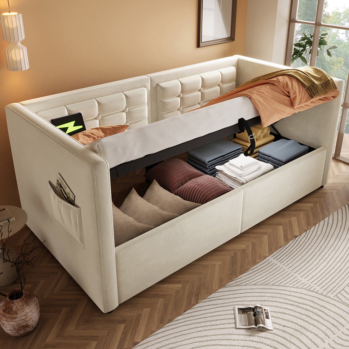 BLACK COLORS Gestoffeerd bed 90x200 cm met hydraulische opbergruimte, USB Type-C, fluweel Beige
