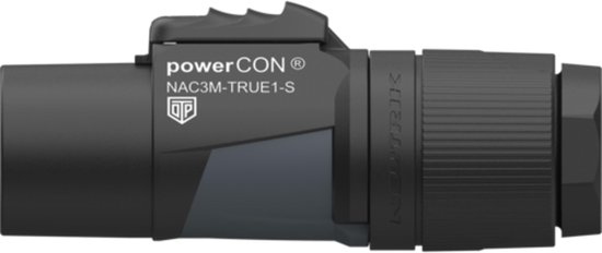 Zwarte powerCON connector met 'powerCON NAC3M-TRUE1-S' en 'NEUTRIK' opdruk.